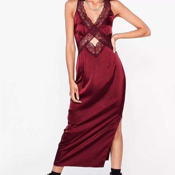 Lace Slip Satin Midi Dress - Picture 1 of 4